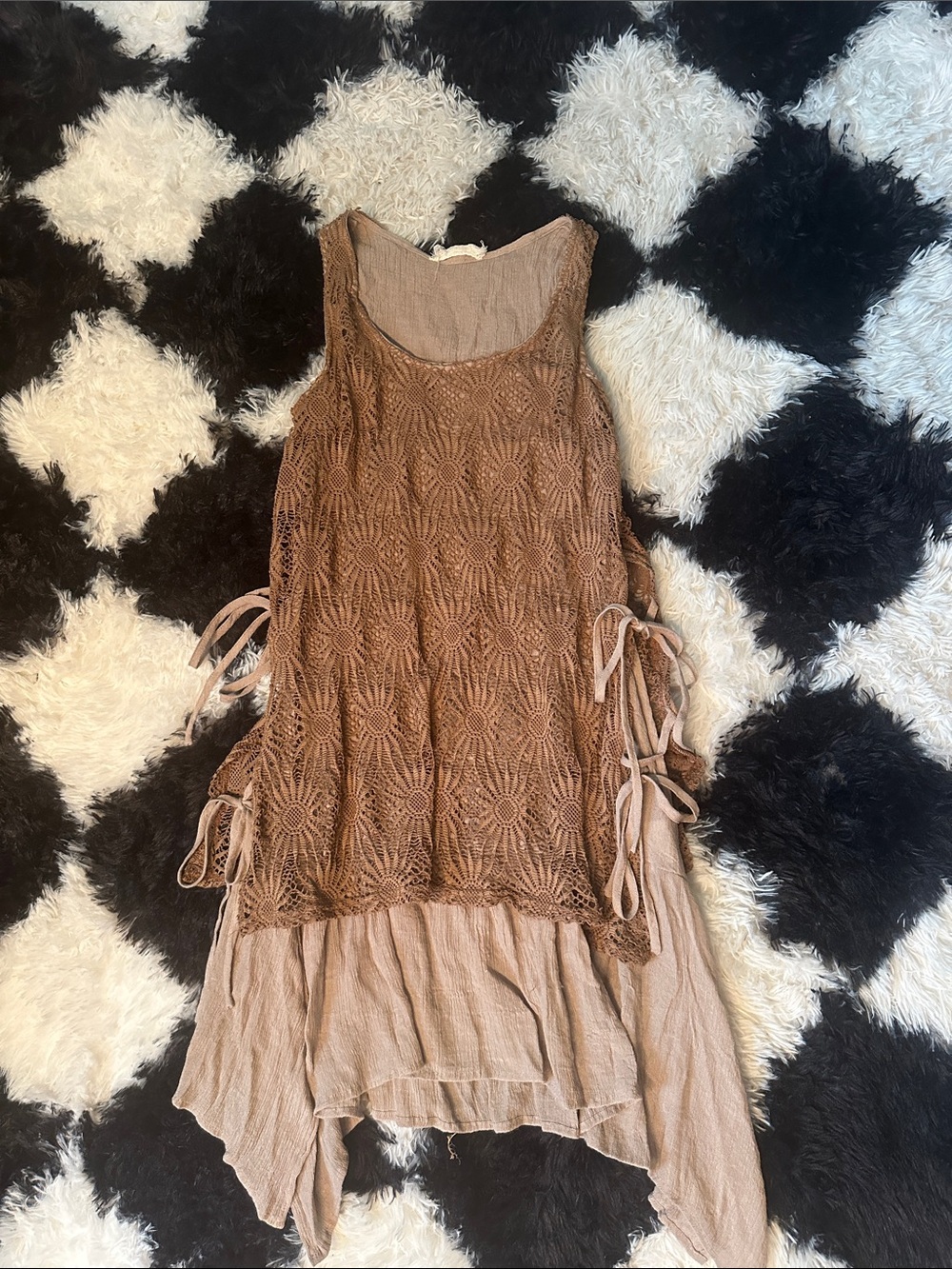 Areve Brown Asymmetrical Crochet Layered Tank Dress